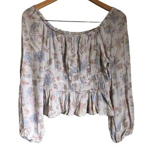 Women’s Floral Peasant Blouse - White with Pastel Flowers